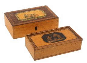 Two whitewood print and paint decorated Tunbridge ware rectangular boxes, comprising a small