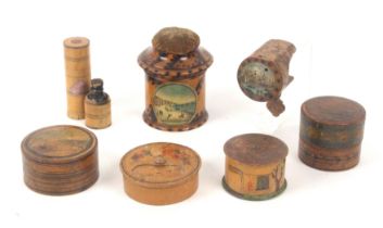 Seven pieces of whitewood print and paint decorated Tunbridge ware, faulty or damaged, comprising