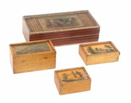 Four small whitewood print and paint decorated Tunbridge ware rectangular boxes, comprising an