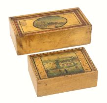 Two small whitewood print and paint decorated Tunbridge ware rectangular boxes, both with sliding