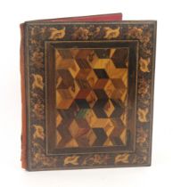 A rosewood Tunbridge ware rectangular book form blotter, the cover with a panel of cube work