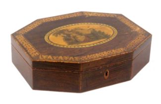 A paint and penwork rosewood Tunbridge ware playing card box of octagonal form, pointed oval boxwood