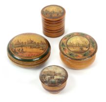 Four whitewood print and paint decorated Tunbridge ware circular boxes, comprising a bulbous body