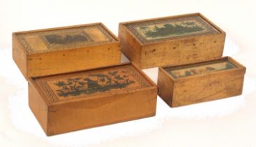 Four whitewood rectangular Tunbridge ware boxes, all with sliding lids comprising a reel box with