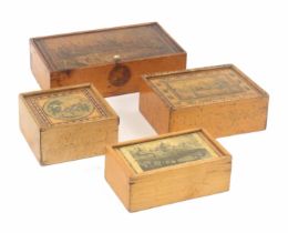 Four whitewood print and paint decorated boxes, comprising an example with pin hinge lid with