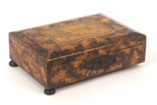 A Tunbridge ware burnt whitewood and print decorated sewing box, of rectangular form, gilt brass