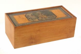 A whitewood print and paint decorated Tunbridge ware rectangular box, plain sides, one end with