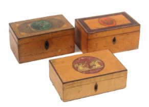 Three small whitewood medallion decorated and painted Tunbridge ware rectangular boxes, comprising