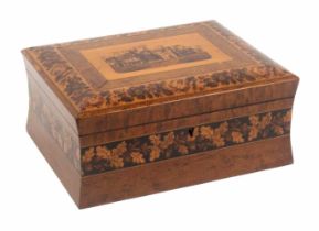 A burr maple Tunbridge ware sewing box, of rectangular form, the concave sides with a band of oak