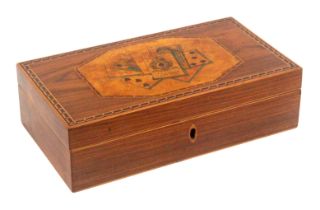 A rosewood paint decorated and inlaid Tunbridge ware rectangular playing card box by Sharp,