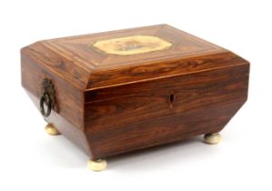 A rosewood sewing box, probably relating to the Tunbridge trade, of sarcophagol form with boxwood