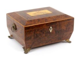 A burr yew wood sewing box, probably relating to the Tunbridge trade, of sarcophagol form, bone