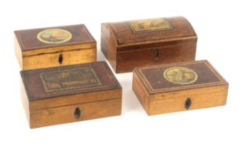 Four small print decorated and inlaid Tunbridge ware rectangular boxes, comprising a rosewood and
