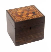 A small coromandel wood Tunbridge ware tea caddy, of rectangular form, the lid with a panel of