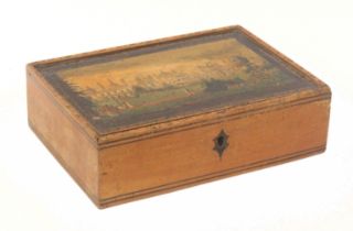 A whitewood print and paint decorated Tunbridge ware rectangular box, the sides with simple lines