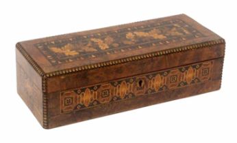 An unusual burr walnut Tunbridge ware box, of rectangular form, each side with a panel of