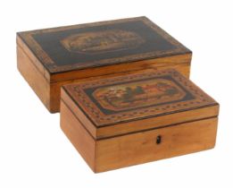 Two whitewood and paint decorated Tunbridge ware rectangular boxes, the larger with plain sides, the