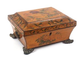 A whitewood sewing box, probably relating to the Tunbridge trade, of sarcophagol form painted in