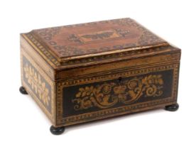 A rare penwork and mosaic Tunbridge ware box, of rectangular form, probably commemorating the