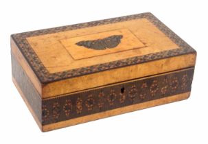 A burr maple Tunbridge ware box, of rectangular form, the sides with a broad band of stick ware (