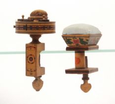 Two whitewood paint decorated Tunbridge ware sewing clamps, comprising a book frame example the