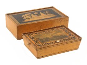 A whitewood Tunbridge ware print and paint decorated sewing pannier and a box, the pannier with