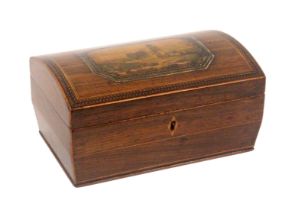 A print decorated and inlaid rosewood Tunbridge ware box of sarcophagol form, with diamond boxwood