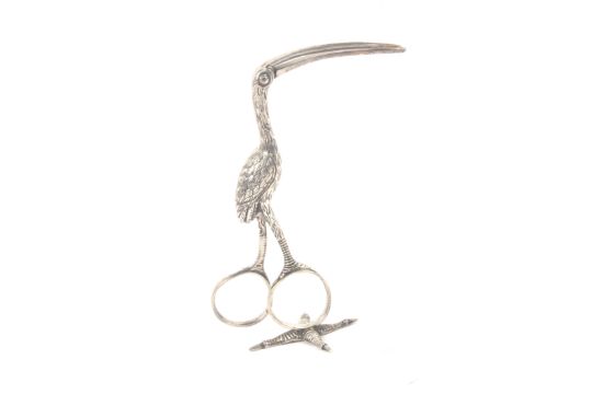 A pair of continental silver ribbon scissors, in the form of a standing stork with exaggerated - Image 1 of 2