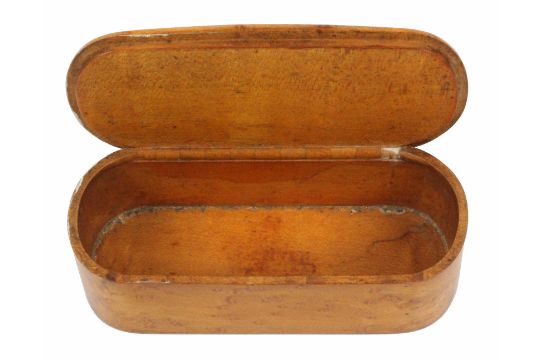 A Scottish burr sycamore wooden hinge snuff box by Stiven, of rounded end rectangular form, - Image 2 of 2