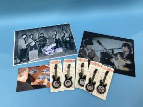 Five Beatles badges, signed Pete Best photograph etc.