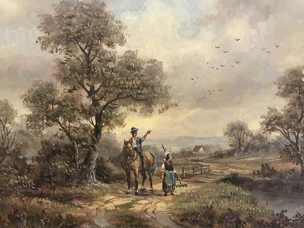 Moralt, modern oil, signed, 'Figures in a Country Landscape', 20 x 24cm