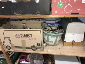 Two boxes of assorted, planters and a sewing machine