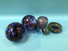 A shallow Moorcroft dish and a collection of coloured art glass