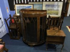 A walnut china cabinet, four oak chairs and table etc.