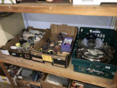 Three trays including paperweights, silver plate etc.