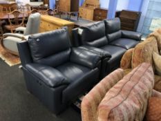 A blue leather electric recliner and two seater reclining settee