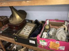A gramophone, abacus and two trays of assorted