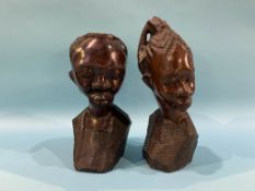 A pair of carved African wood busts