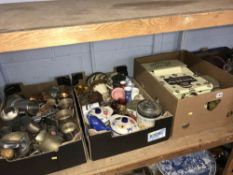 Three boxes including plated tankards etc