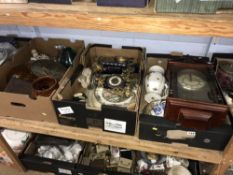 Shelf of assorted china, glassware, clocks
