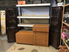 Two reproduction corner cabinets and two modern chest of drawers