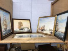 Four nautical oil paintings and a print