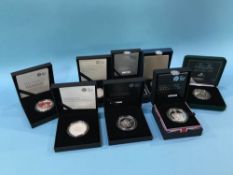 UK £5 silver proof piedforts (8 different), approx 15 oz