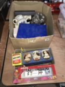Box of assorted, diecast models, stamps, coins etc