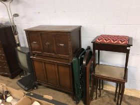 Two blanket boxes, standard lamp, TV etc