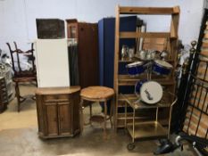 Pine shelves, occasional table, tea trolley, mini drum kit etc