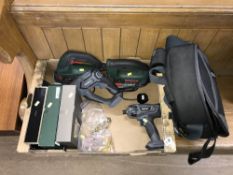 Box of assorted including a camera, various tools etc