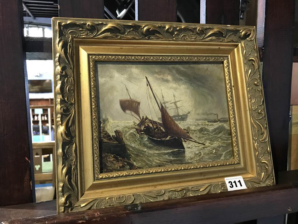 19th Century Continental School, indistinctly signed, oil, 'Fishing vessel off the coastline in