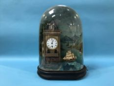 A 19th century automaton musical clock under a glass dome, H 49cm