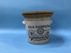 A stoneware pot advertising 'W. and A. Robertson Family Grocers Aberfeldy', H 21cm